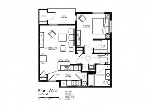 Floor plan for 1 bed, 1 bath, 788 sqft
